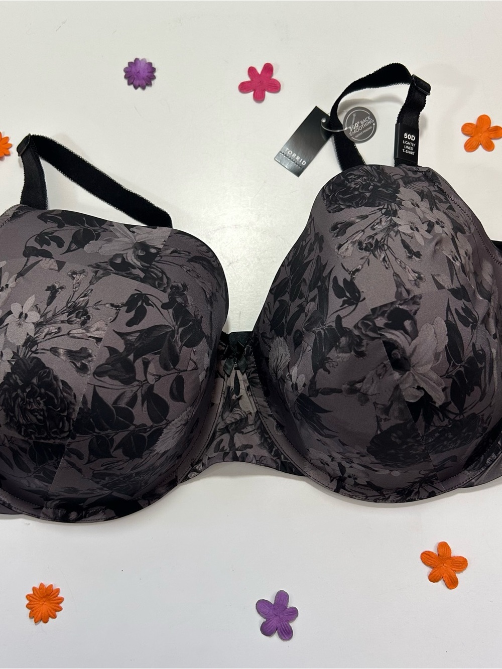 Torrid Curve Black & Gray Floral Lined T-Shirt Bra Underwire  50D NWT